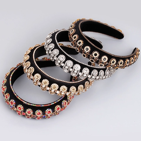 Baroque Headband Rhinestone Crystal Padded Velvet Wide Hair Hoop Luxury Retro Party Accessory For Women Girls