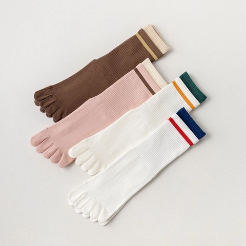 Cotton Five-toe Yoga Socks Women Anti-slip Grips Cartoon Animal Embroidery Striped Mid-calf Crew Breathable Sports