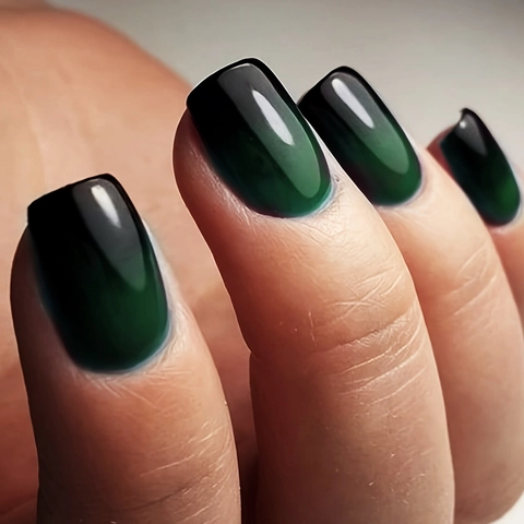 Uñas Postizas A Presión Degradado Verde Negro Efecto Ojo De Gato Cuadradas Desmontables Estilo Francés Simple Mujeres