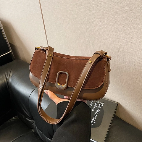 Vintage Women Underarm Shoulder Bag PU Leather Suede Stitching Retro Crossbody Baguette Purse With Metal Buckle Minimalist