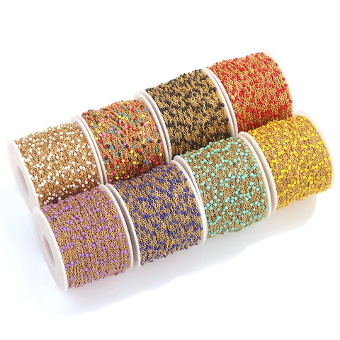 Stainless Steel Jewelry Chain With Colorful Enamel Beads Flat Cross Link For DIY Necklace Bracelet Handmade Accessories