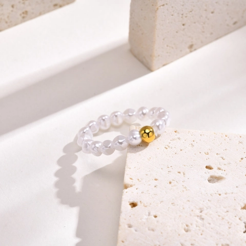 Stainless Steel Gold Plated Artificial Pearl Beaded Ring Ins Style Geometric Sweet Elastic Ring For Women Jewelry Gift