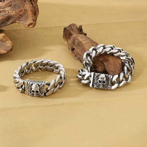 Pulsera De Cadena Cubana Para Hombre Acero Inoxidable Cierre De Calavera Punk Rock Gótico Vintage Joyería Biker