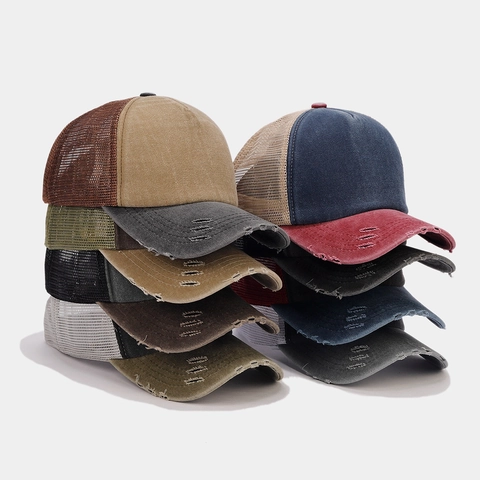 Cappello Trucker In Cotone Lavato Con Rete Posteriore Effet Usurato Traspirante Protezione Solare Stile Retro Vintage