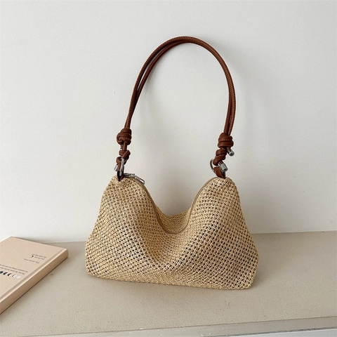 Straw Woven Shoulder Hobo Bag Summer Beach Handbag With PU Leather Knot Strap For Women