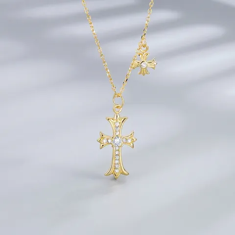 Collana Con Pendente a Croce in Argento Sterling 925 per Donna Gioielli Vintage a Doppia Croce con Strass Placcati Oro Platino