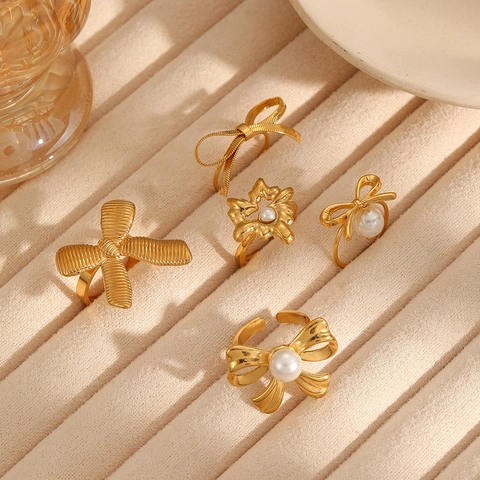 Bowknot Artificial Pearl Flower Stainless Steel Adjustable Open Ring Fashion French Retro Style Jewelry For Women