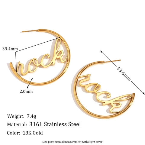 Hoop-Ohrringe 18K Vergoldet 316L Edelstahl Skript Buchstabe Mama Love Good Rock Rund Kreis Trendiger Schmuck Frauen