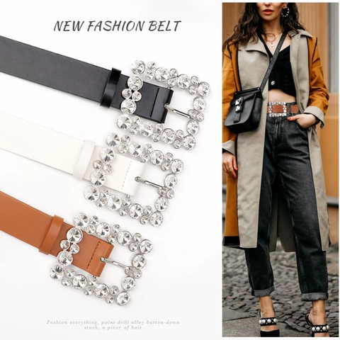 Cintura In Pelle PU Da Donna Fibbia Quadrata In Lega Con Strass Luccicanti Elegante Moderna Versatile Accessorio