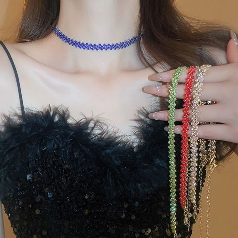 Rhinestone Choker Necklace For Women Copper Multi Row Geometric Clavicle Chain Adjustable Elegant Jewelry Accessory