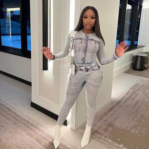 Top A Maniche Lunghe Slim E Pantaloni Da Donna Stampa Denim Elastico Streetwear Moda Blu Bianco