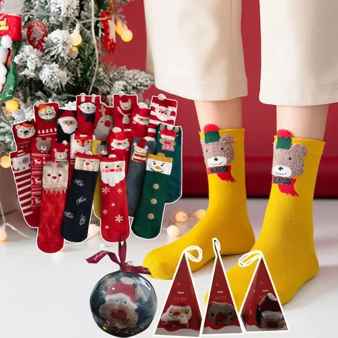 Calze Di Natale In Maglia Di Cotone Con Disegni Animati Di Peluche Babbo Natale Renna Caldo Morbido Metà Polpaccio Regalo Festivo
