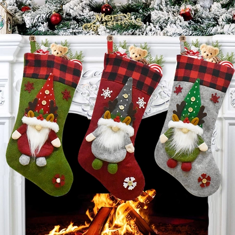 Christmas Stocking Gnome Faceless Doll Buffalo Plaid Hanging Holiday Decorative Gift Bag Fireplace Tree Ornament