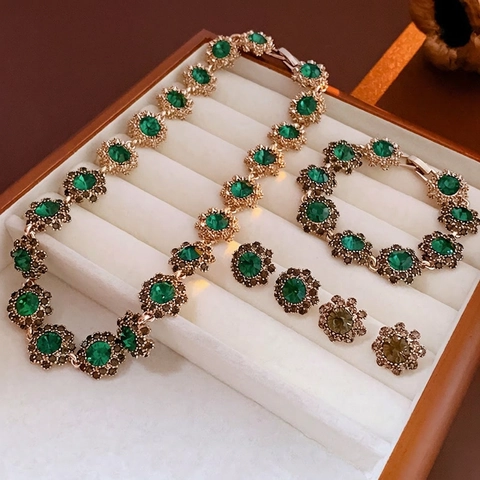 Vintage Emerald Green Flower Jewelry Rhinestone Alloy Necklace Bracelet Earrings With Silver Earring Post Elegant Women