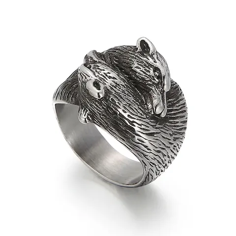 Double Wolf Head Ring Vintage Titanium Steel Nordic Viking Punk Style Jewelry For Men