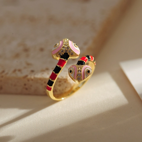 Vintage Schlangenkopf Herz Emaille Offener Ring Für Damen 18K Vergoldeter Kupfer Strass Auge Verstellbarer Schmuck Ring Geschenk