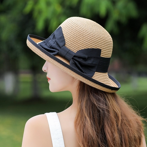 Women Straw Sun Hat Wide Brim Bowknot Ribbon Foldable Summer Beach Protection Elegant Vacation Braid
