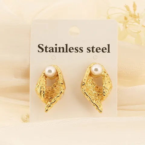 French Vintage Irregular Geometric Hoop Earrings For Women Gold Stainless Steel Hammered Texture Artificial Pearl Accents