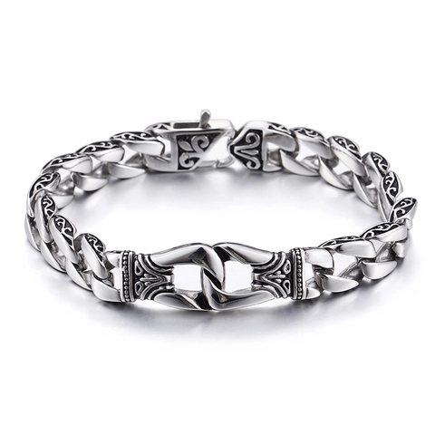 Men Retro Gothic Stainless Steel Bracelet With Embossed Totem Pattern Punk Style Vintage Silver Color Heavy Link Chain Jewelry