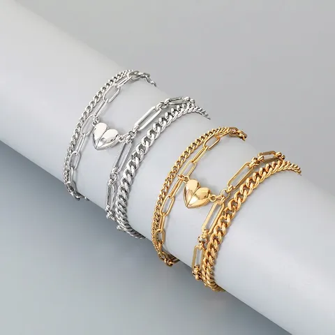 Bracelets De Coeur Magnétiques En Acier Inoxydable Pour Couples Chaîne Cuban Et Trompette À Double Couche