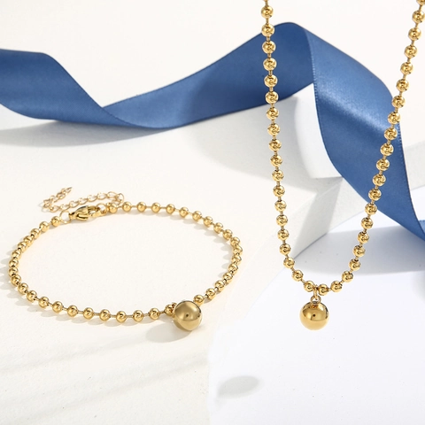 Stainless Steel Jewelry 18K Gold Plated Hollow Ball Pendant Necklace And Bracelet Bead Chain Fashion For Women
