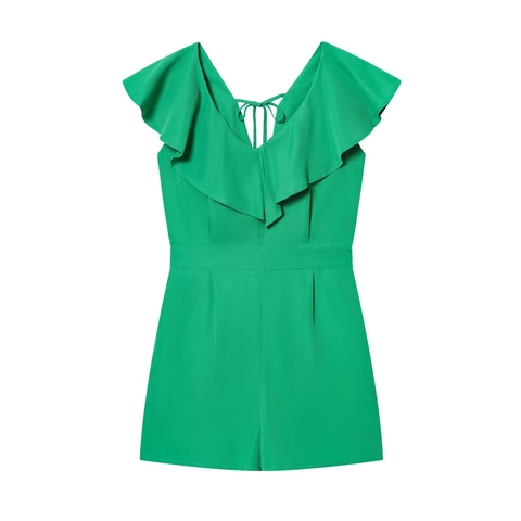 Damen Romper Mit Rüschen V-Ausschnitt Ärmellos Rückenfrei Bindeband Elastische Taille Mode Grün Sommer Jumpsuit