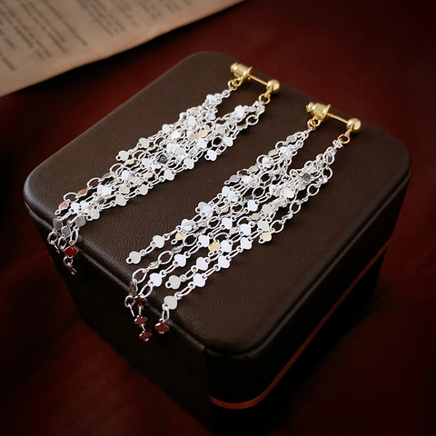 Long Tassel Drop Earrings For Women Elegant Layered Chain With 925 Sterling Silver Earring Post Shimmering Sequins