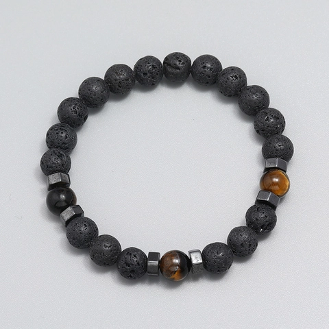 Lava Stone And Tigers Eye Beaded Bracelet Minimalist Hexagon Spacer Elastic Strand Jewelry Unisex Vintage Natural Stone Gift