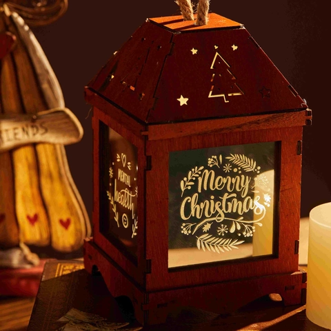 Lanterne De Noël Vintage En Bois LED Lumière Chaude Ornement De Bureau Étoile Évidée Décoration Festive