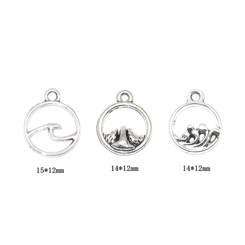 Amuletos Redondos Huecos Vintage Plata Antigua Aleación Zinc Patrón Montaña Ola Para Fabricación Joyas DIY