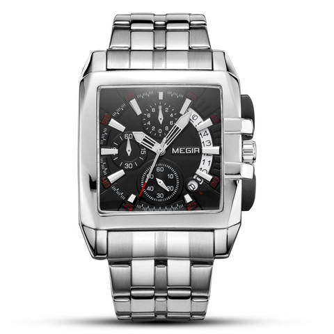Square Quartz Watch Stainless Steel Chronograph Waterproof Calendar Sport Business For Men