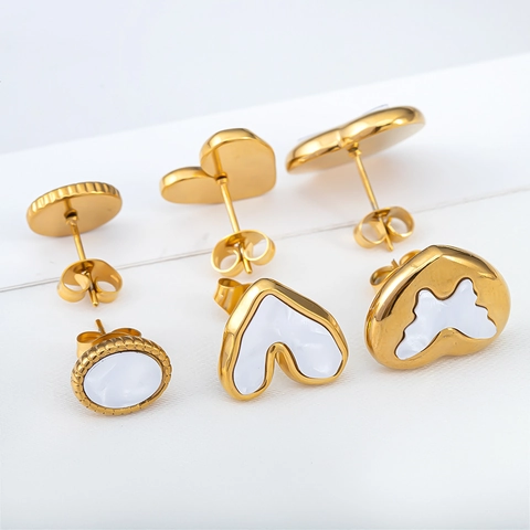 French Style Stainless Steel Shell Stud Earrings For Women Elegant Gold Plated Heart Butterfly Round Geometric Jewelry