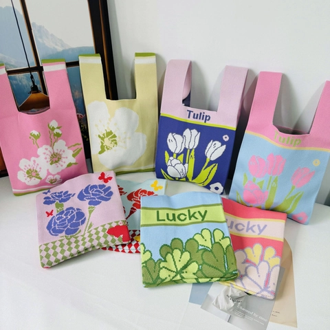 Sac Fourre-Tout En Tricot Pour Femmes Motif Fleurs Tulipe Lucky Sac À Main Crochet Petit Sac Mode Douce Pour Filles
