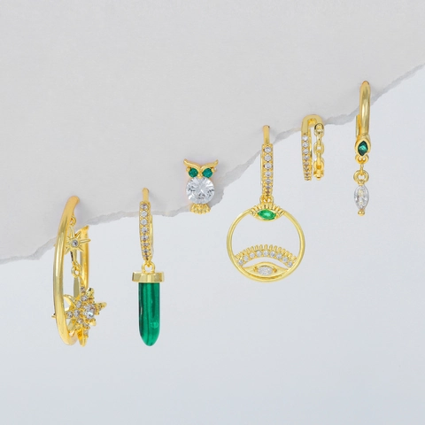 Boheemse Ster Uil Boze Oog Oorbellen Koper Zirconia Groene Steen Met 925 Sterling Zilveren Oorsteker Sieraden