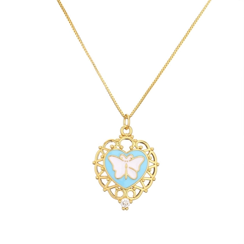 Hollow Heart Butterfly Pendant Necklace Copper Enamel Micro Set Zircon Fashion Jewelry For Women Clavicle Box Chain