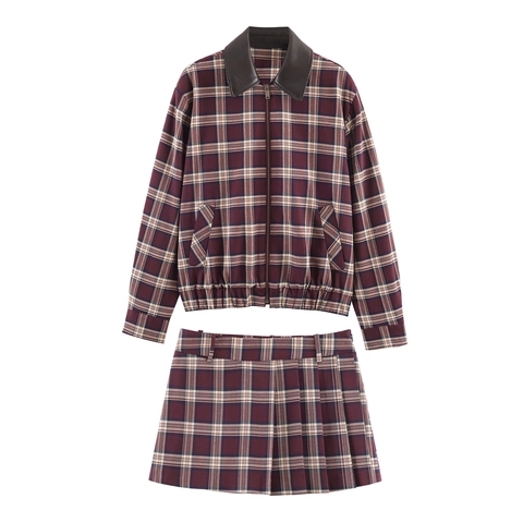 Giacca Bomber A Quadri E Gonna Pantalone A Pieghe Con Colletto In Pelle A Contrasto Streetwear Vintage Donna Bordeaux
