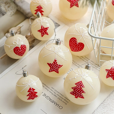 Plastic Christmas Ball Ornaments Painted Heart Star Tree Pattern Hanging Holiday Tree Decor High Gloss Festive Red White