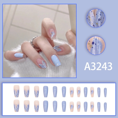 Press On Nails Long Coffin Mermaid Ocean Blue Butterfly Smudge Glossy Fake Nails Artificial Nail Art For Women