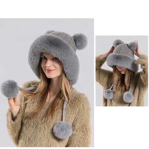 Bonnet En Tricot D'Hiver Pour Femmes Avec Cache-Oreilles Fausse Fourrure Oreilles D'Ours Beanie En Acrylique Pompons