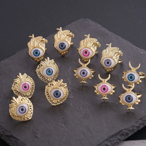 Evil Eye Ringe Kupfer 18K Vergoldet Herzform Anatomisch Gothic Verstellbar Offen Band Schmuck Amulett Für Frauen