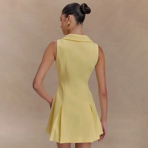 Vestito Mini Senza Maniche Donna Colletto A Contrasto Monopetto Bottoni Dorati Pieghe Linea A Sexy Slim Fit
