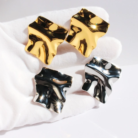 Orecchini A Lobo Quadrati Con Rughe Irregolari Ottone Specchio Con Perno In Argento Sterling 925 Geometrici Moderni Onde