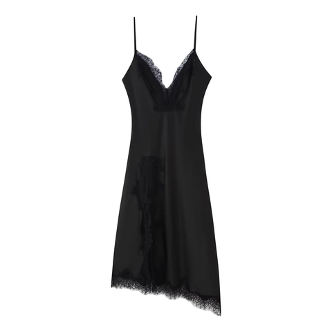 Vestito Maxi In Raso Con Spalline Sottili Patchwork In Pizzo Scollo A V Orlo Irregolare Sexy Elegante Donna