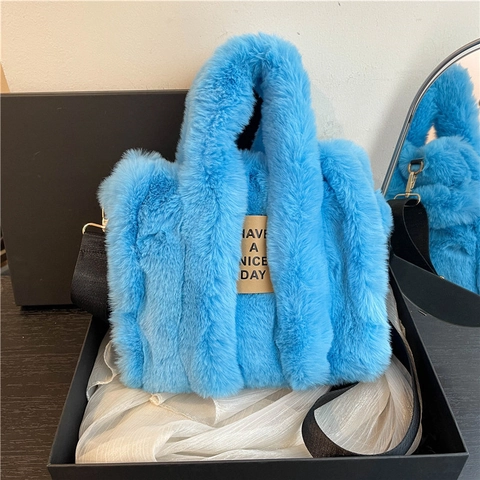 Faux Fur Plush Tote Bag Large Capacity Crossbody Handheld Shoulder Bag With Adjustable Strap Letter Label For Women