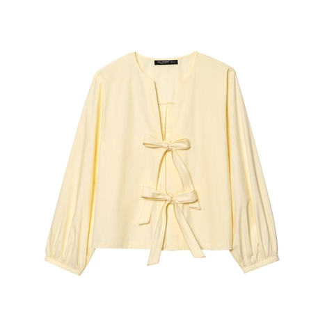 Women Long Sleeve Blouse Front Bow Tie V Neck Polyester Poplin Solid Color Casual Fashion Lantern Sleeve Top