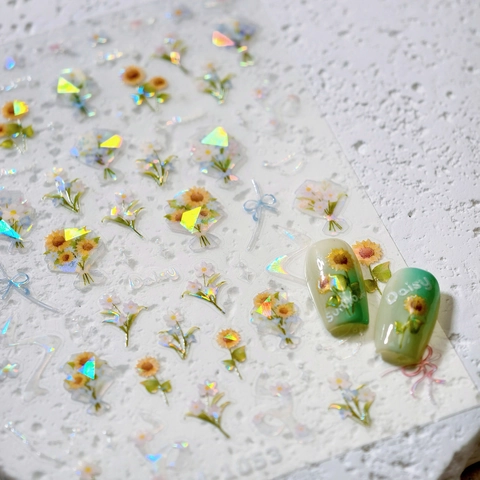 3D Relief Nail Art Stickers Sunflower Daisy Butterfly Bow Designs Holographic Laser Adhesive Decals DIY Manicure Decoration