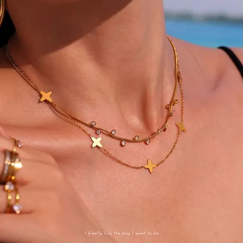 Collar De Capas De Acero Inoxidable Para Mujer Colgante Estrella Flor Circón Cadena Elegante Joyería Francesa
