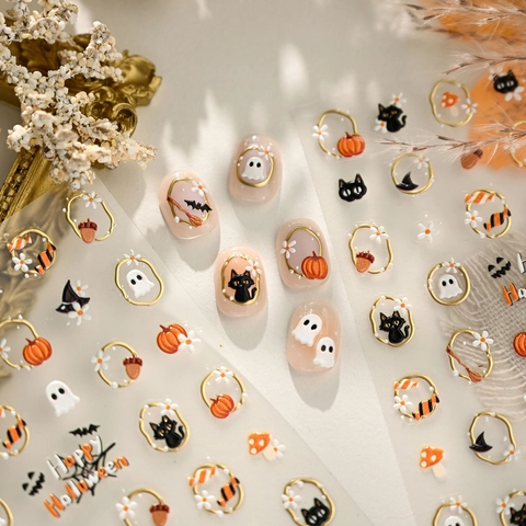 Halloween Nagelstickers 3D Reliëf Gouden Rand Pompoen Geest Zwarte Kat Zelfklevend Manicure Feestelijke Decoratie Stickers