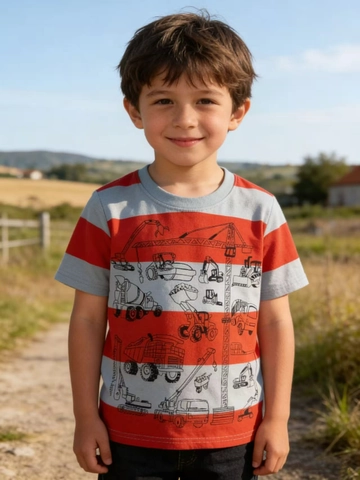 Jungen Kurzarm Baumwolle T-Shirt Gestreift Baustellenfahrzeug Druck Atmungsaktiv Rundhals Lässiges Oberteil