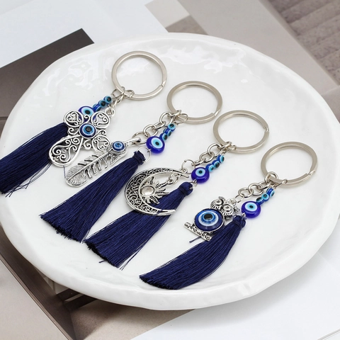 Portachiavi Malocchio Con Nappina Blu Lega Mano Di Fatima Gufo Croce Piuma Ciondolo Bohemien Ornamento Per Borsa